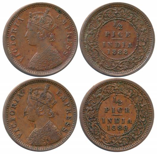 Victoria Empress, Copper 1/2 Pice (2), Calcutta Mint, 1888 (Prid# 720) & 1889 (Prid# 721).