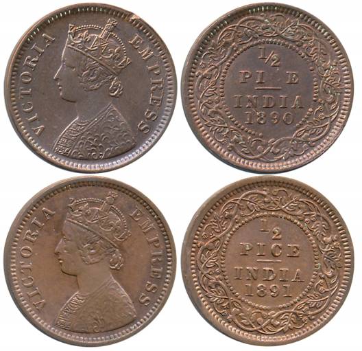 Victoria Empress, Copper 1/2 Pice (2), Calcutta Mint, 1890 (Prid# 722) & 1891 (Prid# 723).
