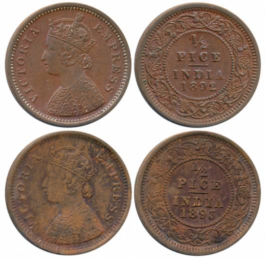 Victoria Empress, Copper 1/2 Pice (2), Calcutta Mint, 1892 (Prid# 725) & 1893 (Prid# 726).