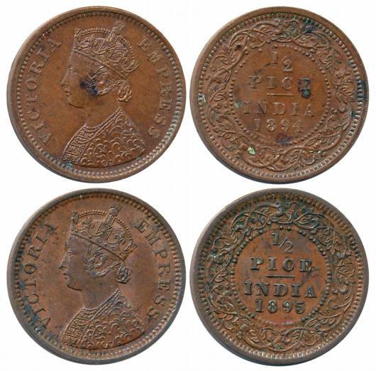 Victoria Empress, Copper 1/2 Pice (2), Calcutta Mint, 1894 (Prid# 727) & 1895 (Prid# 728).
