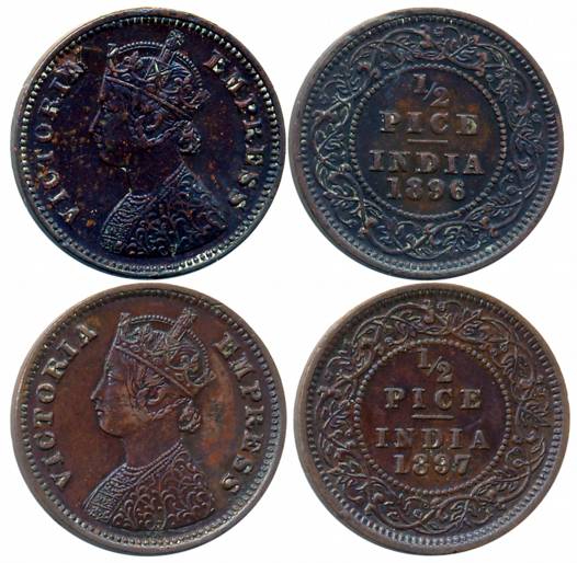 Victoria Empress, Copper 1/2 Pice (2), Calcutta Mint, 1896 (Prid# 729) & 1897 (Prid# 730).