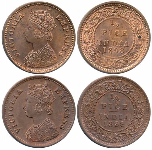 Victoria Empress, Copper 1/2 Pice (2), Calcutta Mint, 1898 (Prid# 731) & 1899 (Prid# 732).