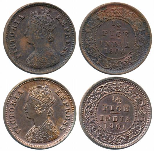 Victoria Empress, Copper 1/2 Pice (2), Calcutta Mint, 1900 (Prid# 733) & 1901 (Prid# 734).