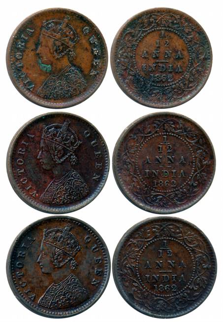 Victoria Queen, Copper 1/12 Anna (3), 1862, Calcutta Mint (Prid# 780), Madras Mint (Prid# 