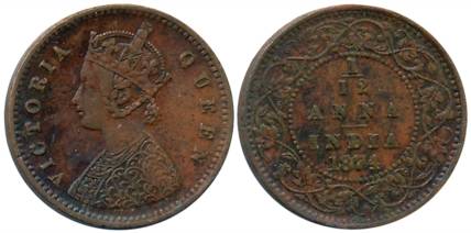 Victoria Queen, Copper 1/12 Anna, 1874, Calcutta Mint (Prid# 783). About extremely fine, v