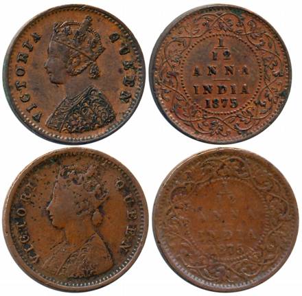 Victoria Queen, Copper 1/12 Anna (2), 1875, Bombay Mint (Prid# 807) & Calcutta Mint (Prid#