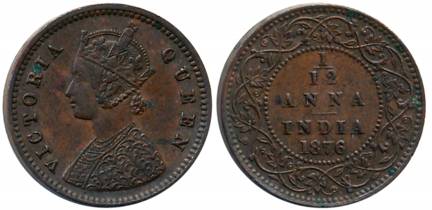 Victoria Queen, Copper 1/12 Anna, 1876, Calcutta Mint (Prid# 785). Extremely fine+.