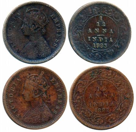 Victoria Empress, Copper 1/12 Anna (2), 1883, Calcutta Mint (Prid# 789) & Bombay Mint (Pri