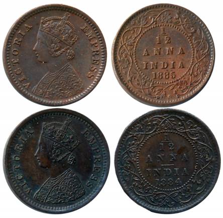 Victoria Empress, Copper 1/12 Anna (2), 1884, Bombay Mint (Prid# 812) & 1885, Calcutta Min