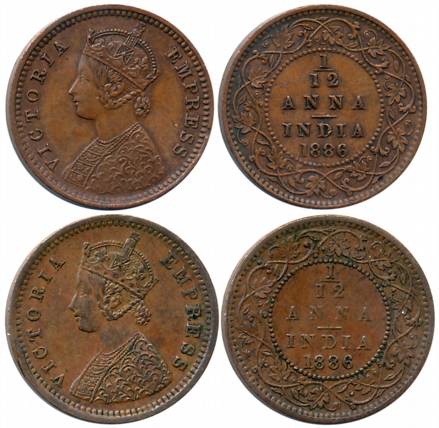 Victoria Empress, Copper 1/12 Anna (2), 1886, Calcutta Mint (Prid# 791) & Bombay Mint (Pri