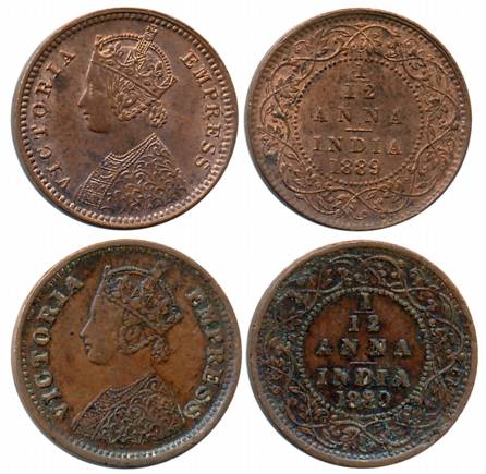 Victoria Empress, Copper 1/12 Anna (2), 1889, Calcutta Mint (Prid# 794) & Bombay Mint (Pri