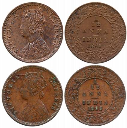 Victoria Empress, Copper 1/12 Anna (2), Calcutta Mint, 1897 (Prid# 802) & 1898 (Prid# 803)