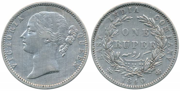 Victoria Queen, Silver Rupee, Divided legend, 1840, Madras Mint, W.W.B. raised, small lett