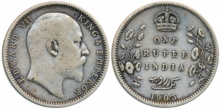 Edward VII, Silver Rupee, 1903, Calcutta Mint, Error in Urdu with 3 diamonds instead of 5 