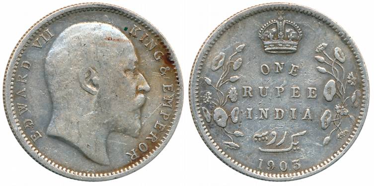 Edward VII, Silver Rupee, 1903, Calcutta Mint, Error in Urdu with 4 diamonds instead of 5 