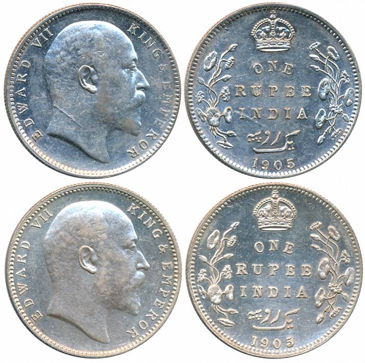 Edward VII, Silver Rupees (2 different variety), 1905, Bombay Mint, B incused/with dot, sh