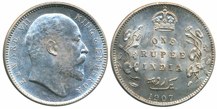 Edward VII, Silver Rupee, 1907, Calcutta Mint (Prid# 193). About extremely fine.