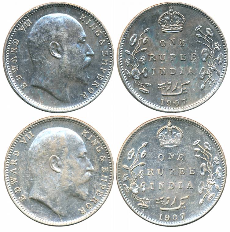 Edward VII, Silver Rupees (2 different variety), 1907, Bombay Mint, B incused, without dot