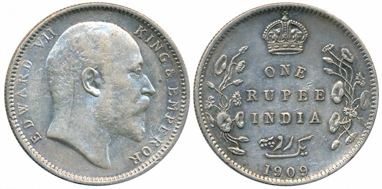 Edward VII, Silver Rupee, 1909, Calcutta Mint (Prid# 195). About very fine.