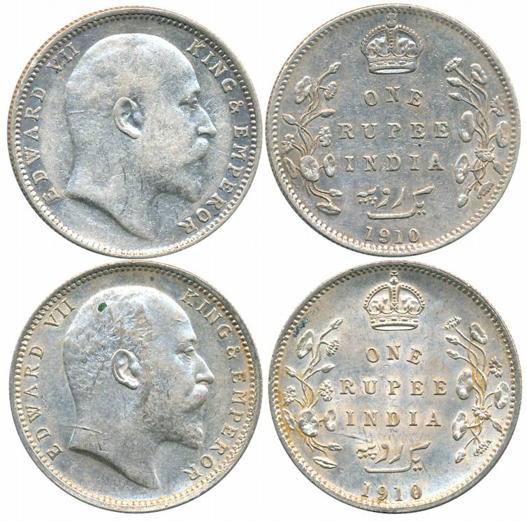 Edward VII, Silver Rupees (2), 1910, Bombay Mint, B incused/with dot (Prid# 206) & Calcutt