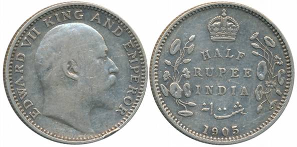 Edward VII, Silver 1/2 Rupee, 1905, Calcutta Mint (Prid# 309). Very fine, scarce.