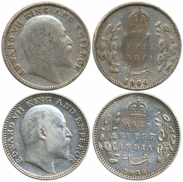 Edward VII, Silver 1/2 Rupees (2), 1906, Calcutta Mint (Prid# 310) & Bombay Mint, B incuse