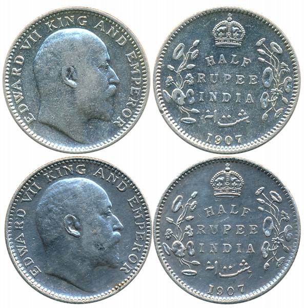 Edward VII, Silver 1/2 Rupees (2), 1907, Calcutta Mint (Prid# 311) & Bombay Mint, B incuse