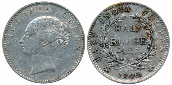 Victoria Queen, Silver 1/2 Rupee, Continuous Legend, 1840, Calcutta Mint, Crescent in reli
