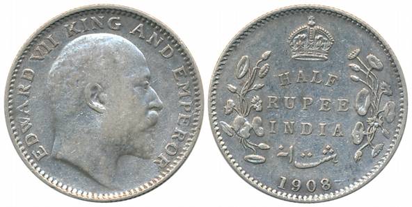 Edward VII, Silver 1/2 Rupee, 1908, Calcutta Mint (Prid# 312). Very fine.