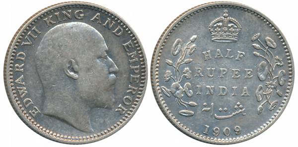 Edward VII, Silver 1/2 Rupee, 1909, Calcutta Mint (Prid# 313). Very fine.
