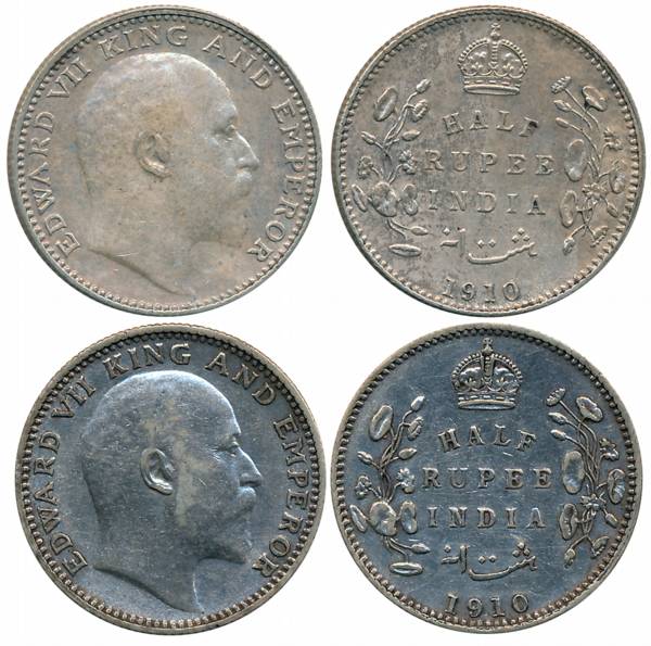 Edward VII, Silver 1/2 Rupees (2), 1910, Calcutta Mint (Prid# 314) & Bombay Mint, B incuse