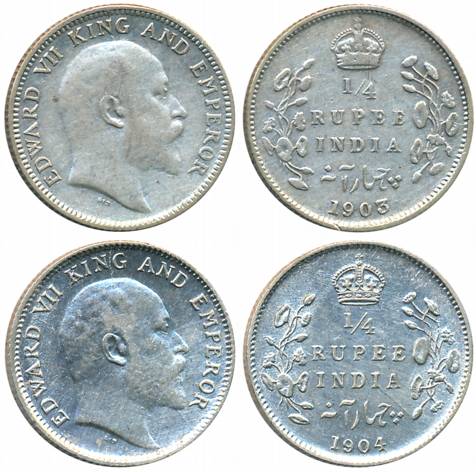 Edward VII, Silver 1/4 Rupees (2), Calcutta Mint, 1903 (Prid# 432), 1904 (Prid# 433). Very