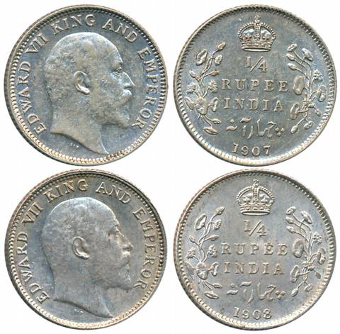Edward VII, Silver 1/4 Rupees (2), Calcutta Mint, 1907 (Prid# 436), 1908 (Prid# 437). Abou