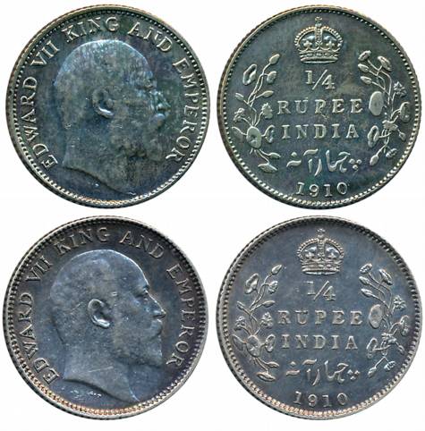 Edward VII, Silver 1/4 Rupees (2 different variety), Calcutta Mint, 1910 (Prid# 439) & Cal