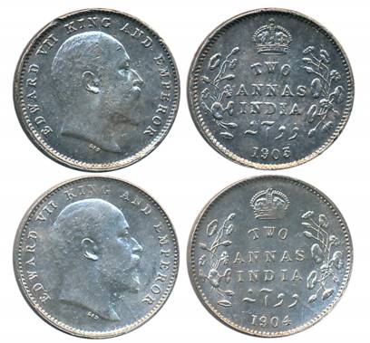 Edward VII, Silver 2 Annas (2), Calcutta Mint, 1903 (Prid# 556), 1904 (Prid# 557). Extreme