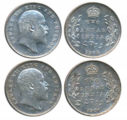 Edward VII, Silver 2 Annas (2), Calcutta Mint, 1905 (Prid# 558) & 1906 (Prid# 559). Extrem