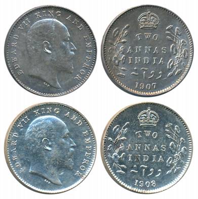 Edward VII, Silver 2 Annas (2), 1907 (Prid# 560) & 1908, Calcutta Mint (Prid# 561). Extrem