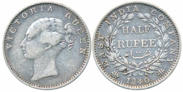 Victoria Queen, Silver 1/2 Rupee, Continuous Legend, 1840, Madras Mint, Different date num