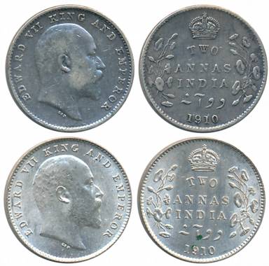 Edward VII, Silver 2 Annas (2 different variety), Bombay Mint, 1910 (Unlisted in Pridmore,