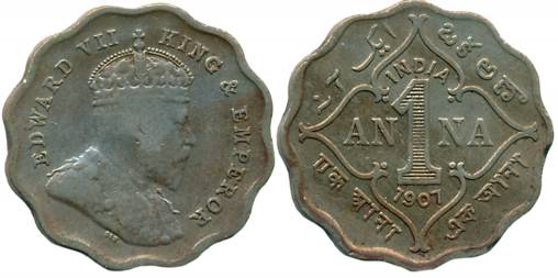 Edward VII, Copper Nickel, 1 Anna, 1907, Bombay Mint (Prid# 926). Very fine.