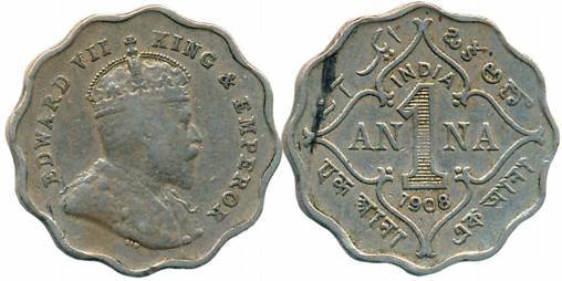 Edward VII, Copper Nickel, 1 Anna, 1908, Bombay Mint (Prid# 927). Very fine+.