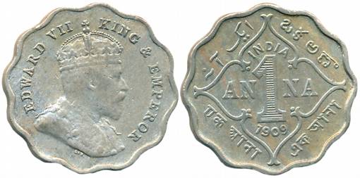 Edward VII, Copper Nickel, 1 Anna, 1909, Bombay Mint (Prid# 928). Very fine+.