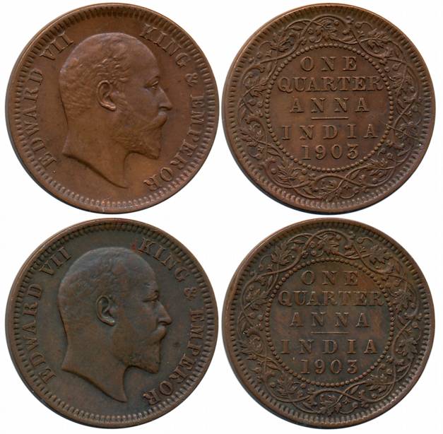 Edward VIII, Copper 1/4 Anna (2 different variety), 1903, Calcutta Mint, Narrow 3 & Broad 