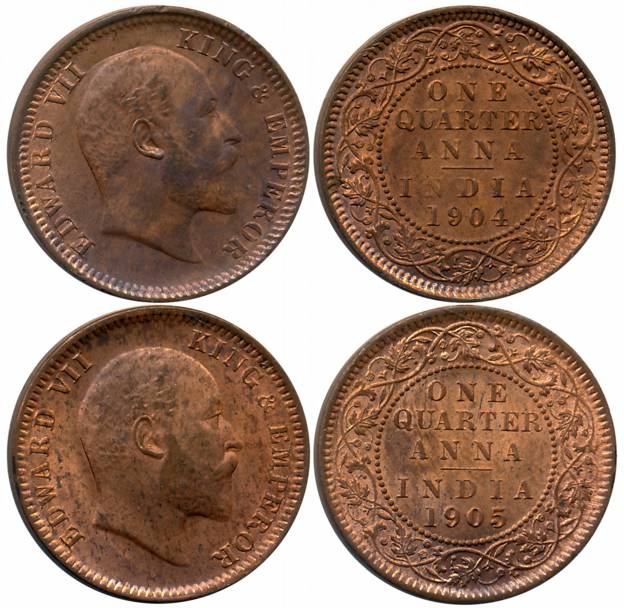 Edward VIII, Copper 1/4 Anna (2), Calcutta Mint, 1904 (Prid# 647) & 1905 (Prid# 649). Abou