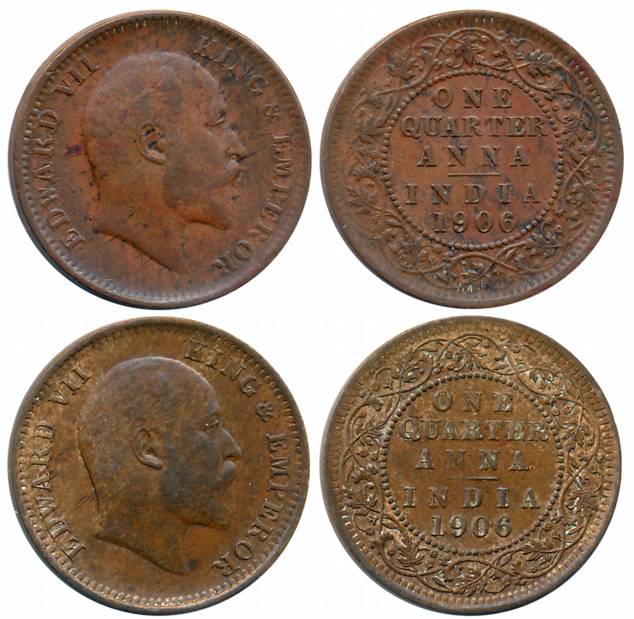 Edward VIII, Copper & Bronze 1/4 Anna (2 different variety), Calcutta Mint, 1906 (Prid# 65