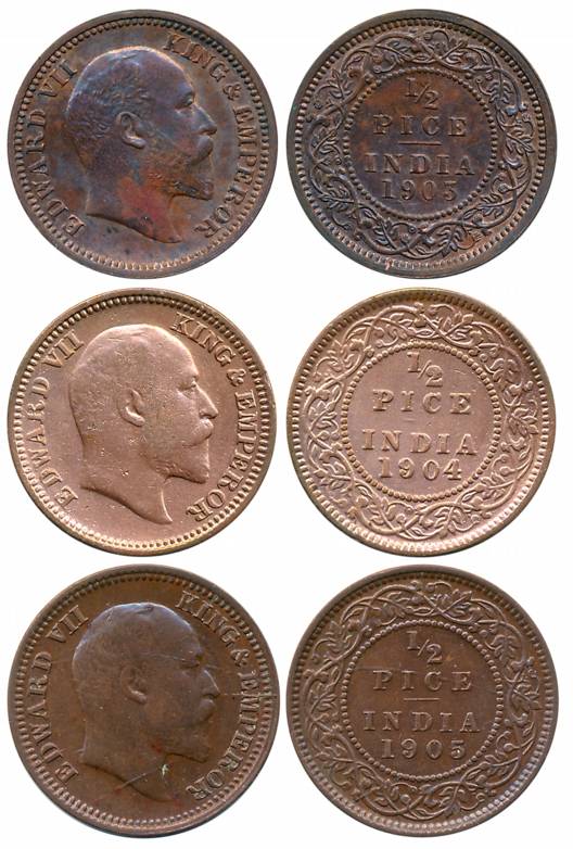Edward VII, Copper 1/2 Pice (3), Calcutta Mint, 1903 (Prid# 735), 1904 (Prid# 736) & 1905 