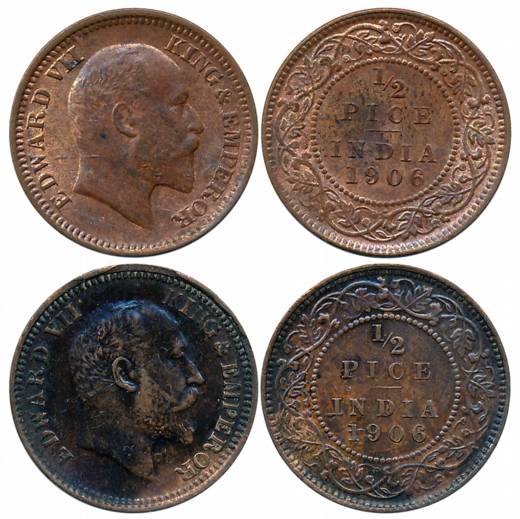 Edward VII, Copper & Bronze 1/2 Pice (2 different variety), Calcutta Mint, 1906 (Prid# 739