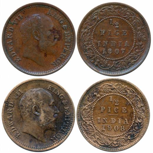 Edward VII, Copper 1/2 Pice (2), Calcutta Mint, 1907 (Prid# 741) & 1908 (Prid# 742). Very 
