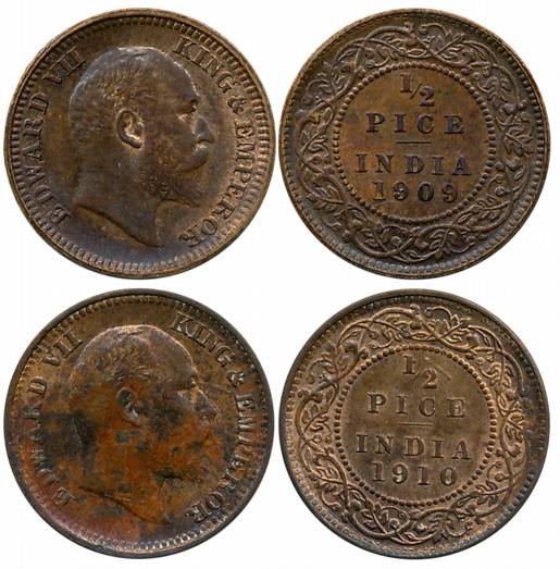 Edward VII, Copper 1/2 Pice (2), Calcutta Mint, 1909 (Prid# 743) & 1910 (Prid# 744). Extre