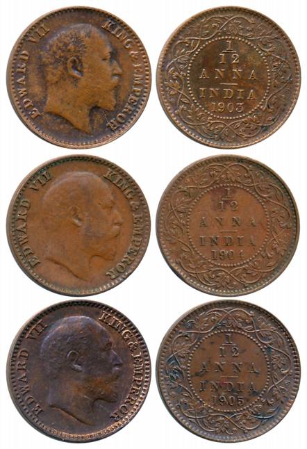 Edward VII, Copper 1/12 Anna (3), Calcutta Mint, 1903 (Prid# 818), 1904 (Prid# 819) & 1905